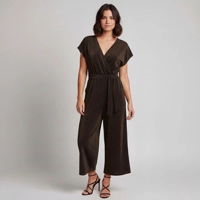 Mono Live to be Spoiled XL Brillante Brillo Envoltura Pierna Ancha Cinturón Negro Bronce Foto 1 de 4