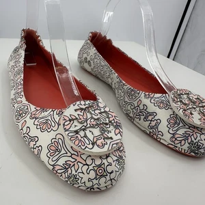 Tory Burch Minnie Travel Ballet Flats Pink White Floral Hicks Garden Size 8 - Picture 1 of 11
