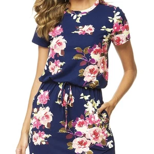Ladies' Round Neck Floral Print Elegant Drawstring Slanted Pocket Detail Dress - Picture 1 of 4