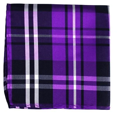 New Men's Polyester Woven pocket square hankie only black purple white plaid - Image 1 of 2