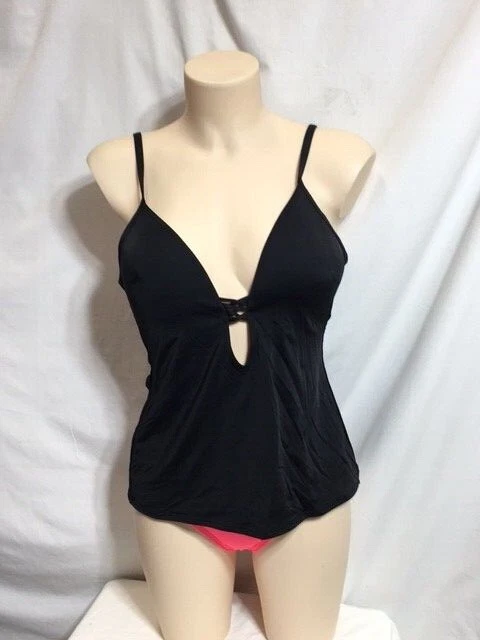 Bar III Black Solid Plunging Molded Cup Tankini Swimsuit Top M Tfe21a
