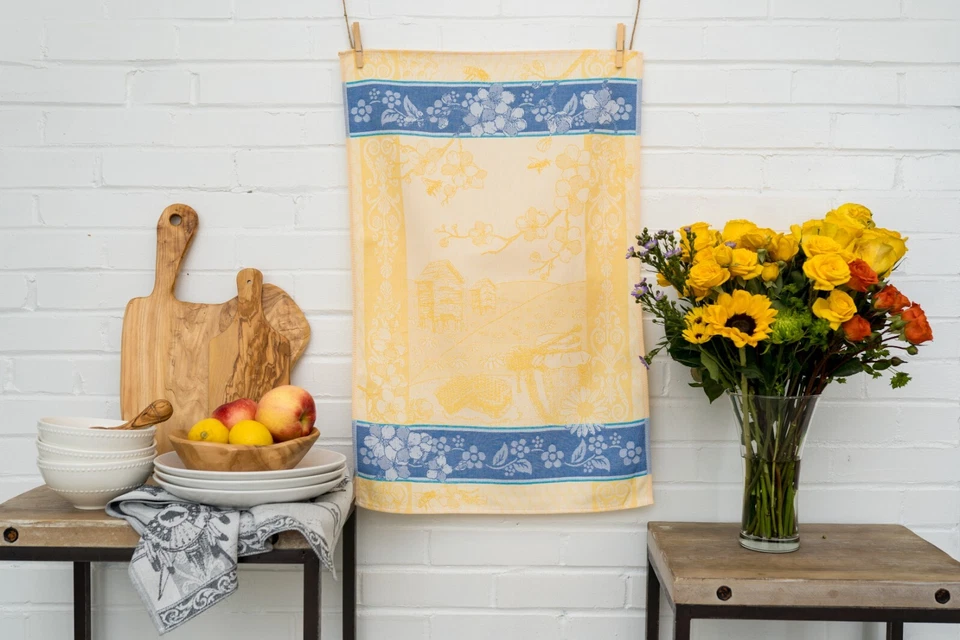 CRYSTAL ARROW Honey Bees Jacquard Kitchen Dish/Tea Towel Yellow Blue 100% Cotton Czech