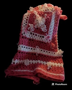 VTG Handmade Crochet Afghan Mauve Wht 3-D Daisy Flwers 40 x 40 Boho Cottagecore - Picture 1 of 18