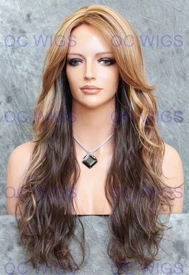 Peruca longa solta ondulada cachos calor OK mistura de cabelo humano marrom claro/loiro ombre EVAI - Imagem 1 de 4
