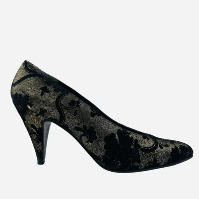 Zapatos de fiesta Stuart Weitzman vintage de terciopelo negro dorado con tacones florales talla 7,5 Foto 1 de 4