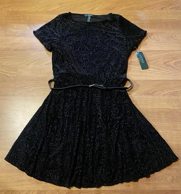 NWT Lauren Ralph Lauren Women’s 1X Black Velvet Jacquard Dress A-Line Belted - Image 1 of 4