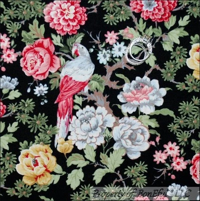 BonEful Fabric FQ Cotton Quilt Black Pink Asian Tropical Parrot Bird Rose Flower - Image 1 of 4