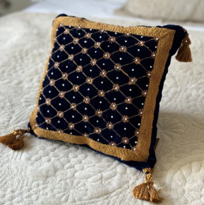 Luxury Navy Blue Gold Moroccan Style Handmade Embroidered 10" Filled Cushion - Image 1 of 4