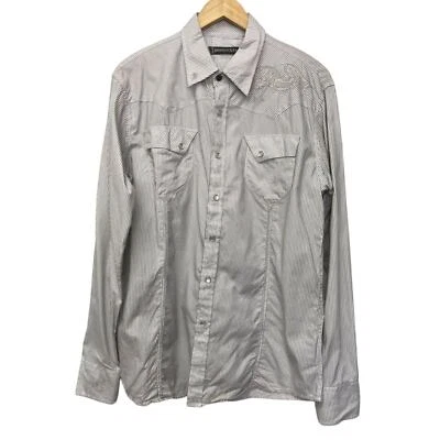 Indigo Star 衬衫男式中号西部白色黑色条纹珍珠扣刺绣 — 第 1/4 张图片