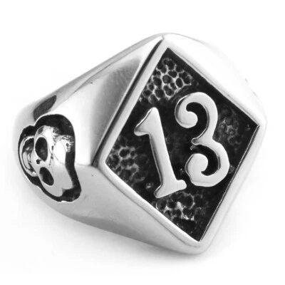 Anillo de calavera de motociclista de acero inoxidable número 13 para hombre banda de calavera de plata pulida alta Foto 1 de 4