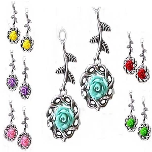 Earrings Rose Silver Frame and leaf charm drop, choose color and fittings - Bild 1 von 9