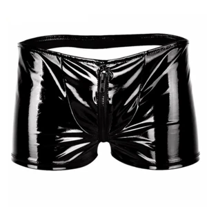 Men Boxer Underwear Patent Leather Shorts Crotchless Hollow Sexy Wet Look Zip - Picture 1 of 8