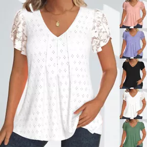 Ladies Lace Blouse Tunic V neck Floral Top Swing Casual Loose Hollow Holiday Tee - Picture 1 of 12