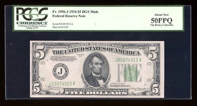 DBR 1934 $5 FRN DGS Mule Kansas City Fr. 1956-Jdgsm PCGS 50 PPQ Ser # J03874915A - Image 1 of 2