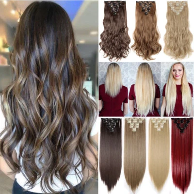 ON CLEARANCE Clip in 100% Real Natural as Human Hair Extensions 8 Pcs  Long Wavy - Image 1 of 4