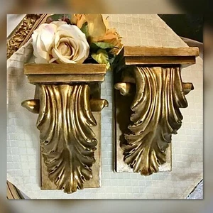 Vintage Gold Wood Composite Corbels / wall Shelves / Victorian Set Of 2 * - Picture 1 of 7