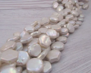 Flat Coins Hexagon Natural White Freshwater Pearl Gemstone Full Strand 12-12.5mm - Picture 1 of 5