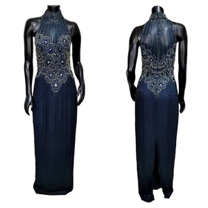 Vintage 80s Lillie Rubin 6 Beaded Mock Choker Neck Formal Evening Gown Dress - Picture 1 of 15