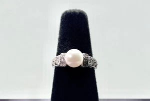 Vintage massiver 14K Weißgold Perle und Diamant filigran Verlobungsring! - Bild 1 von 5