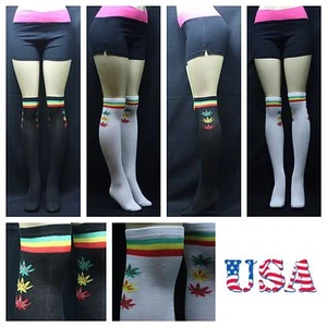 Slim Unisex Under The Knee High Socks Weed Leaf Rasta Stripes Hemp Black White - Picture 1 of 3