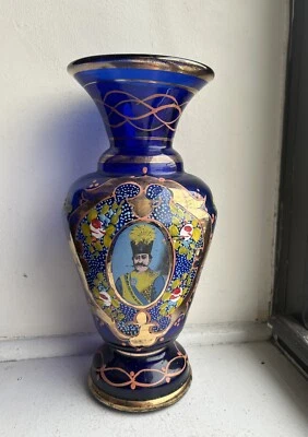 "Vidrio bohemio esmaltado cobalto persa Qajar Nasser Al Din 11,5""" Foto 1 de 4