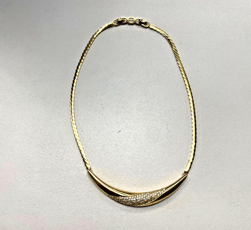 Collana Christian Dior Pave Strass Smalto Nero Mezzaluna Girocollo Placca Oro