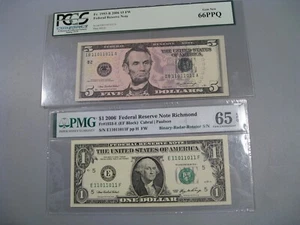 Matched PAIR Binary Radar Rotator Gem $5 & $1 FRN Notes #11011011 PCGS/PMG 66/65 - Picture 1 of 16