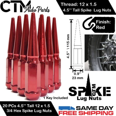 20PCS 4.5'' TALL RED 12X1.5 SOLID ONE PIECE SPIKE LUG NUTS+KEY FITS LEXUS MODELS - Image 1 of 2