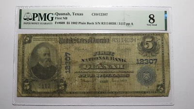 $5 1902 Quanah Texas TX National Currency Bank Note Bill Charter #12307 VG8 PMG - Image 1 of 4