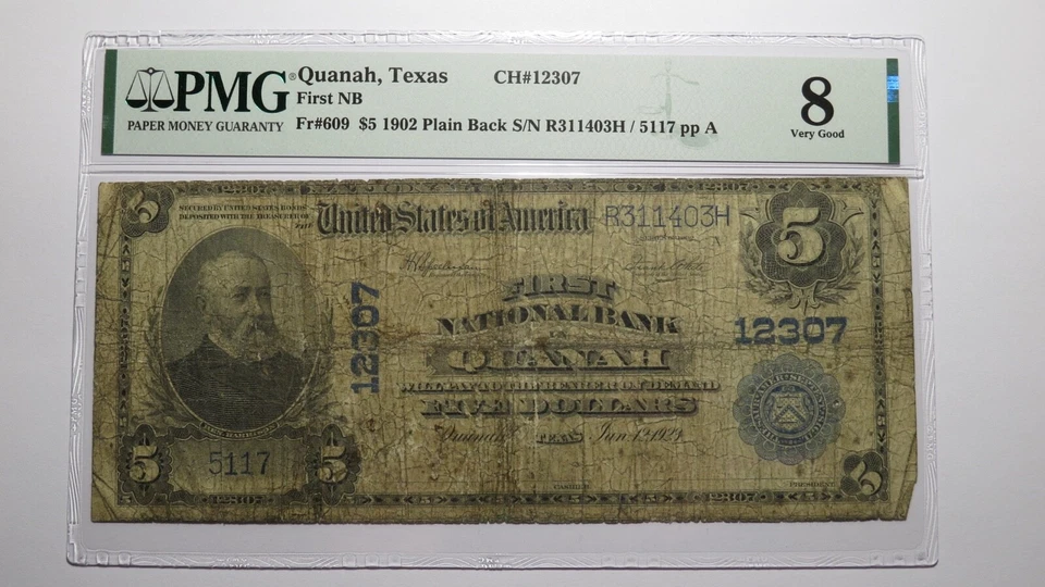 $5 1902 Quanah Texas TX National Currency Bank Note Bill Charter #12307 VG8 PMG - Image 1 of 4