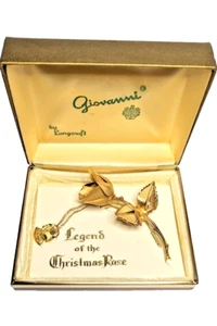 Vintage 60er Christrose Brosche Longcraft Giovanni goldfarben 3" mit orig Box - Bild 1 von 13
