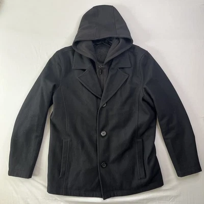 Black Rivet Jacket Mens Large Black Button Pockets Wool Blend Hooded Coat - Image 1 of 4
