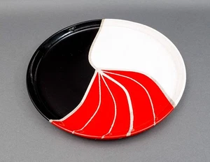 Charles Chrisco signiert rot schwarz weiß Crackle Glasur Raku Kunstkeramik Platte - Bild 1 von 6