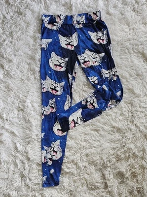 Cats Space Gallaxy Womens Leggings pants Elastic Waist tabby kitty meow blue - Image 1 of 4