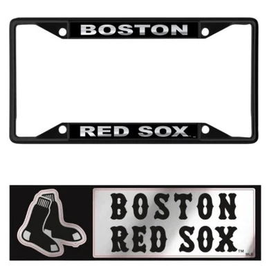 Boston Red Sox MLB Black Metal License Plate Frame Set w/2 Multi Use Team Decals - Image 1 of 3