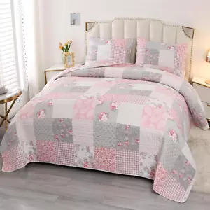 Oversized King Size Pink Grey Floral Plaid Patchwork Quilt Set 128X120 Extra Wid - Picture 1 of 7