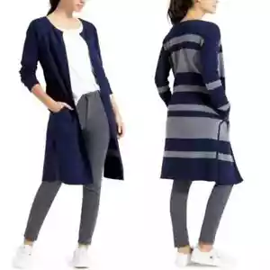 EUC Womens Athleta Reverse Explore Open Cardigan Navy Blue Gray Stripes Solid LS - Picture 1 of 9