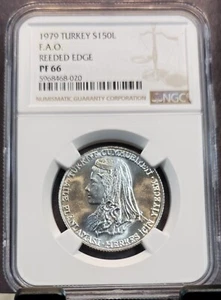 1979 TURKEY SILVER 150 LIRA FAO REEDED EDGE NGC PF 66 RARE TOP POP 1 - Picture 1 of 3