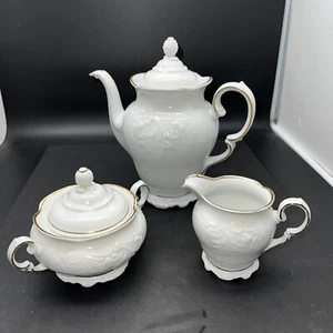 ANTIQUE 6 CUP WAWEL POLAND CASO ORO COFFEE TEA POT SUGAR W/LID CREAMER SET - Picture 1 of 8