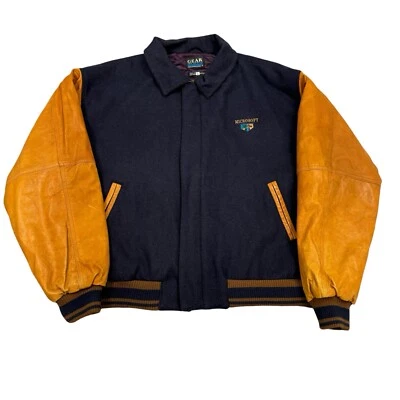 De Colección Microsoft Computers Tech Lana Cuero Chaqueta Bombardero Azul Marino Talla Grande Empleado Foto 1 de 4