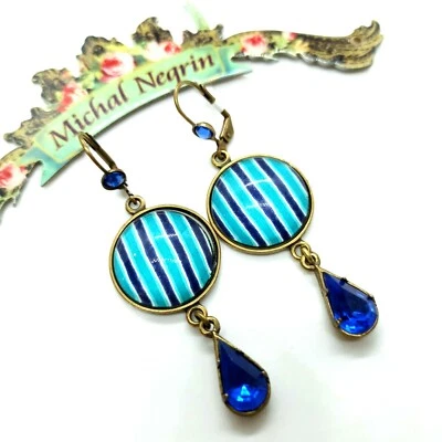 Pendientes Michal Negrin Largos Redondos Azul Aro Lágrima Gota Cristal Firmado Regalo Nuevo  Foto 1 de 4