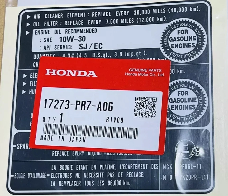 " HONDA ACURA GENUINE OEM NSX Air Cleaner Label Air Cleaner 17273-PR7-A06 Foto 1 de 1
