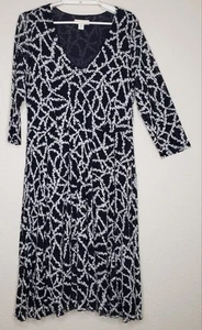 Coldwater Creek Dress Size XL 16 Navy White 3/4 Sleeve Sheer V-Neck Fit & Flare - Picture 1 of 7