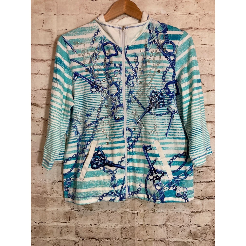 Onque Casuals Jacket Petite Large Lightweight Front Zip Nautical Beachy Beaded - Image 1 of 4