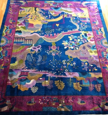 古董稀有艺术装饰中国手工编织蝴蝶景观地毯 9' x 11'7 — 第 1/4 张图片