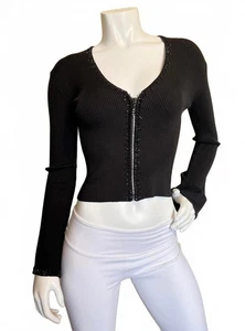 Wayne Rogers maglione cardigan donna nero misto seta a costine zip davanti piccolo - Foto 1 di 4