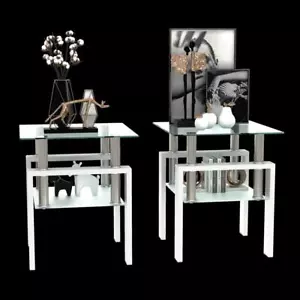 Set of 2 Square Tempered Glass and Metal Leg Coffee Table End Table - Picture 1 of 14