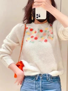 Sezane Women's Mohair Sweet Floral Embroidery Long-sleeved Sweater - Picture 1 of 15