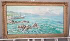 Antique Italian Painting T. Salvati Seascape Seashore Oil Painting Huge 55" x30"