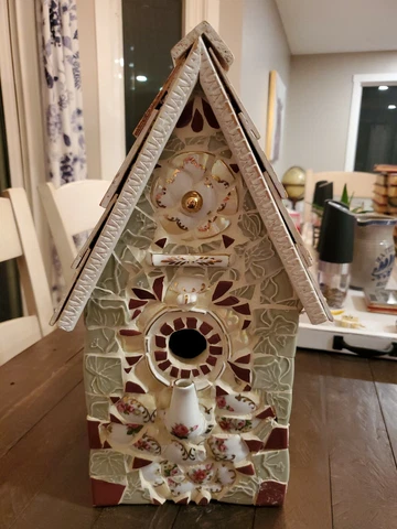 Hand Crafted Mosaic Bird House Repurposed Upcycled Teapot Tile Beautiful 15" Cover